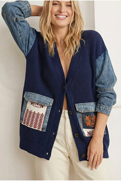 Women's Navy Blue Denim Pocket Cardigan with Kilim Pattern, Denim Sleeves, Oversize Buttoned, 100% Cotton Knit
