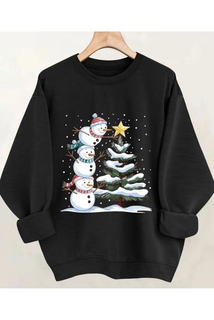 Snowmen Print Detailed Crew Neck Sweatshirt
