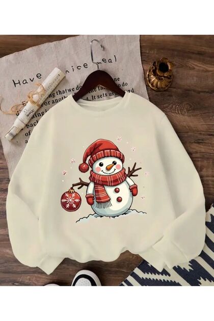 Cute Snowman Print Detailed Crew Neck Sweatshirt