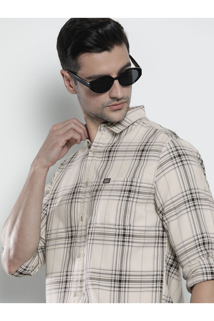 Men Cream Plaid Slim Fit Shirt