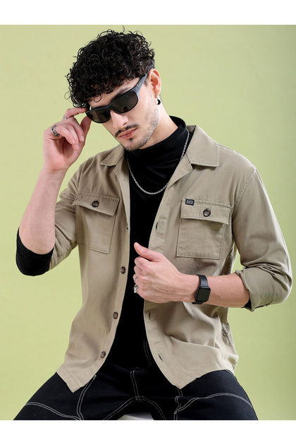 Men Khaki Back Graphic Casual Shirt