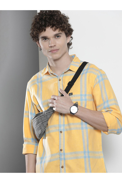 Men Yellow Checked Regular Fit Shirt