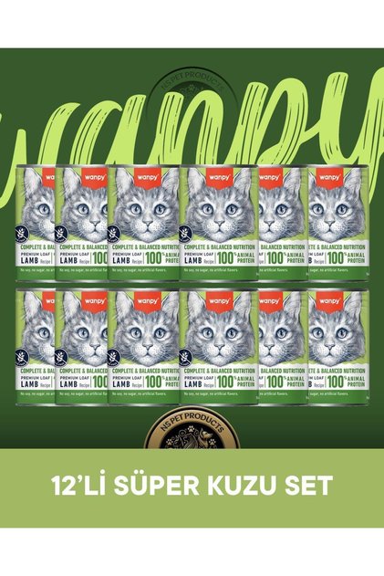 Tahılsız %100 Gerçek Et Kuzulu Ezme Kedi Konserve Maması Seti 12x375 gr
