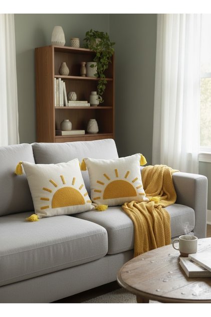 Punch Embroidered 2 Pieces Cream Fabric Tasseled Woven Cushion Cover Modern Pattern Pillow Cover