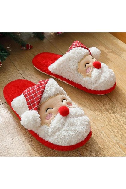 Women's New Year Special Design Silent Soft Sole Winter House Slippers with Santa Claus Figure Fluffy Slippers