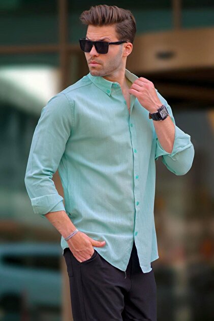 Green Long-Sleeved Cotton Linen-Look Men's Shirt 6743