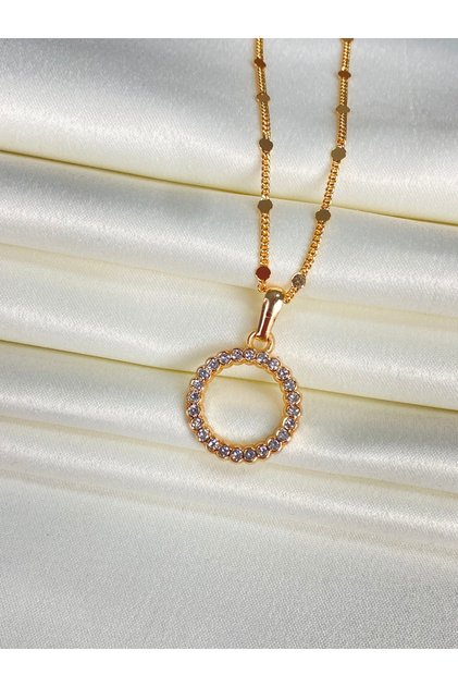 Kadın Yuvarlak Halka Kolye Çelik Kaplama Rose Gold Zirkon Taşlı Minimal Model