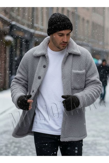 Men's Gray Plush Shirt Collar Model Buttoned Jacket Cardigan Coat Sweatshirt Fleece