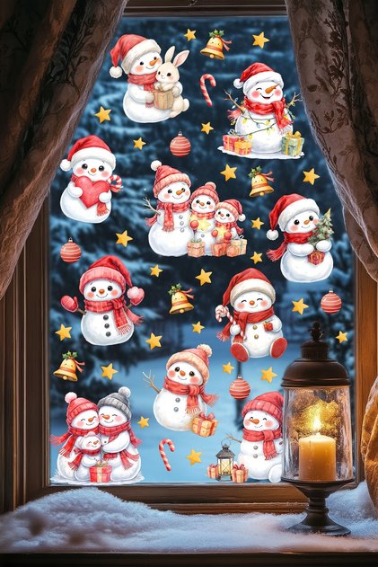 Christmas Window Sticker Set with Snowman |   Double-Sided View |   Water Resistant - New Year Ornament