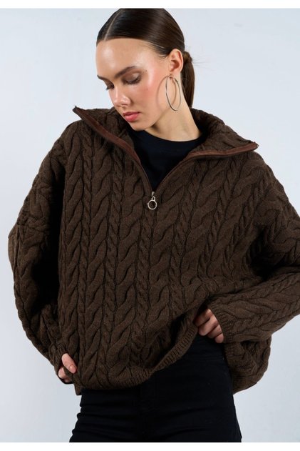 Trucker Collar Zippered Hair Braided Women's Sweater