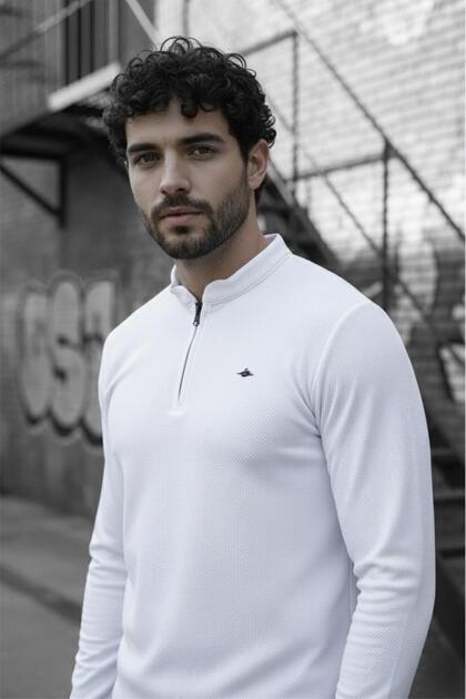 Manjakbo Zippered High Collar Honeycomb Pattern Men's Long Sleeve T-Shirt Sweatshirt