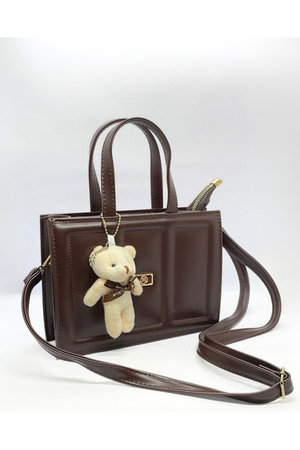 Women's Dark Brown Crossbody and Shoulder Bag – Stylish and Modern Design with Mini Plush Teddy Bear