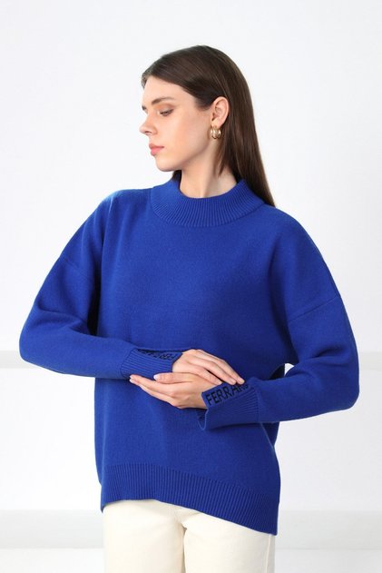 Cobalt Women's Half Turtleneck Cashmere Knit Sweater with Slit Detail on the Sleeve