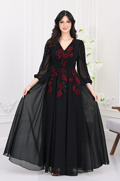 Chiffon evening dress with embroidered sleeves