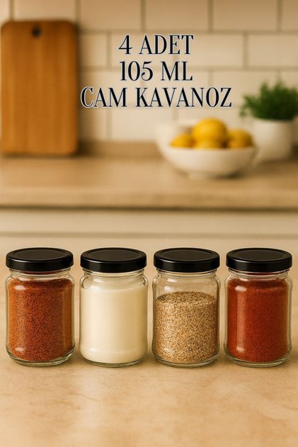 4 Pieces 105 ml Spice Jar Food Confectionery Multi-Purpose Black Metal Lid 105 Cc Short Glass Jar