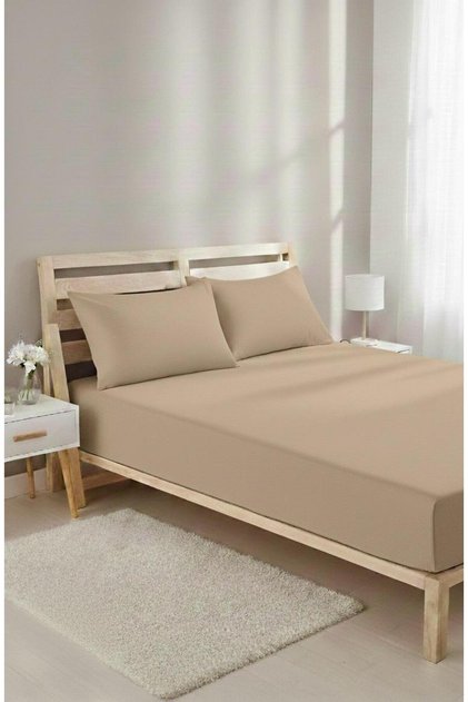 Capuccino Lastikli Çarşaf Seti Düz Renk Pamuklu-Yastık Kılıfı Tek kişilik-Çift kişilik-Battal