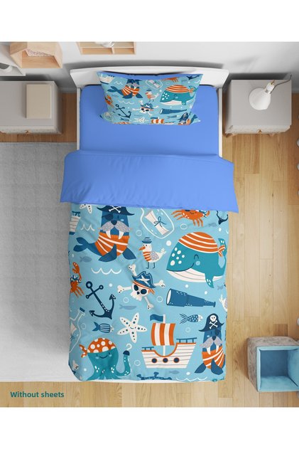 Sea Themed 3D Digital Printed Single Size Sheetless Young Boy's Duvet Cover Set Sleeping Set