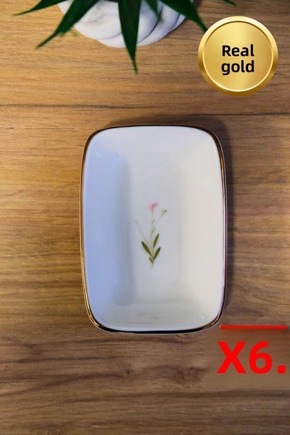 Tabak Evi Porcelain Natura Broadcloth Gold Gilded Rectangular Boat Plate 14X9,8Cm Set of 6