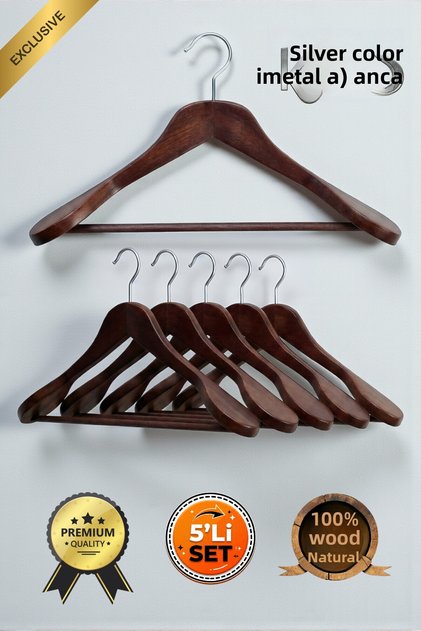 Walnut Wood Suit Hanger Wide Shoulder Coat Hanger with Trouser Bar 5 Pieces