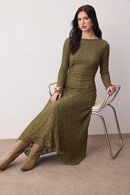 Trendyol Modest Brown Lined Lace Fabric Knitted Dress