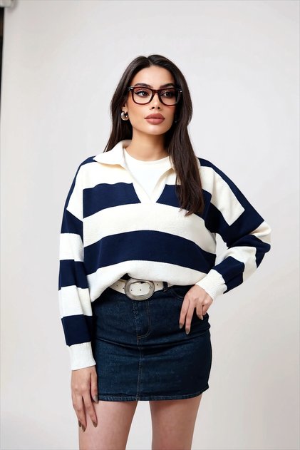 Women's Dark Pink Polo Collar Striped Long Sleeve Knit Sweater