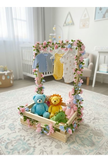 Dekoratif Ahşap Bebek Sepeti Bebek 40 Sepeti Baby Shower Sepeti