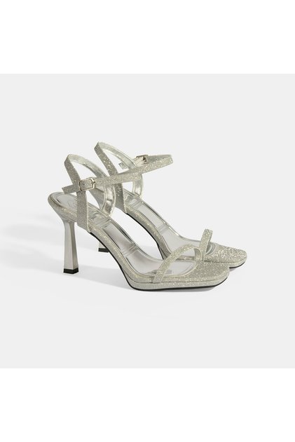 Women's Silver Buckle Detailed Slingback Heeled Evening Dress Shoes