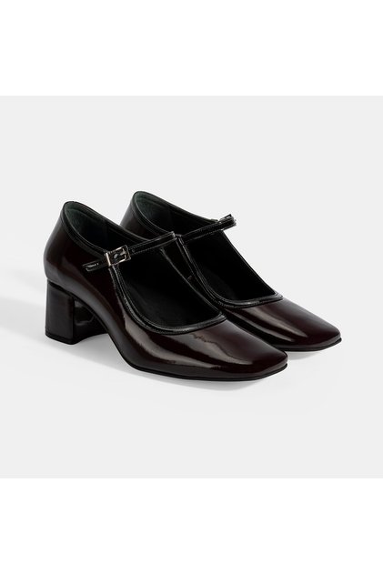Women's Burgundy Adjustable Buckle Thick Heeled Classic Shoes