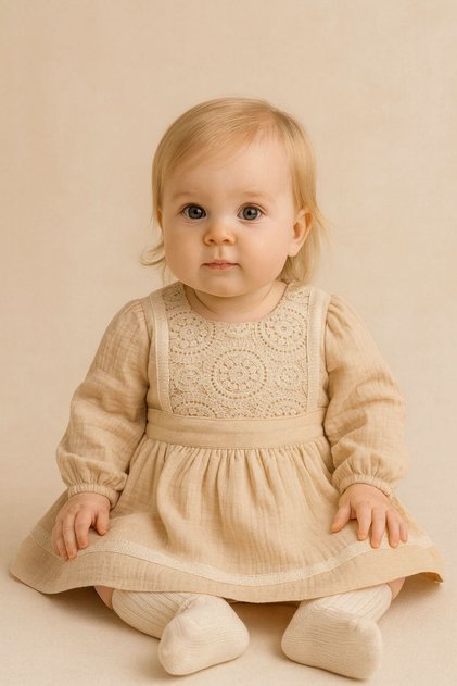 Baby Girl Robe Ring Lace Motif Long Sleeve 100% Cotton Dress