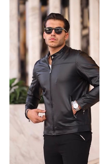 New Season Stand Collar Zippered Men's Leather Jacket Black