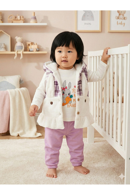Girl baby buttoned plush tracksuit 3-piece set (9-12-18 months)