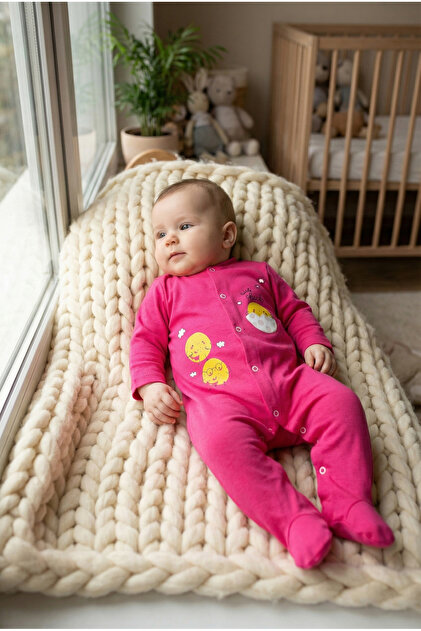 Fuchsia Chick Patterned Baby Romper - Long Sleeve Footed Soft Combed Cotton Fabric