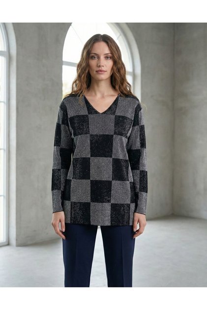Women's Square Patterned Grey-Black V-Neck Glittery Sweater