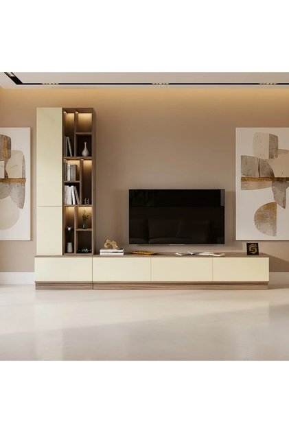 Wall-mounted TV stand, 4 pieces with shelves and lighting, beige color, 61