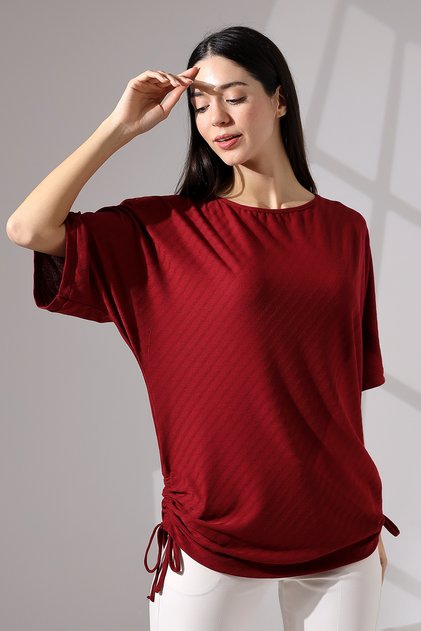 Chuy Women's Soft Textured Batwing Sleeve Hem Lace-Up Diagonal Jacquard Blouse & Combed Cotton Blouse - Burgundy