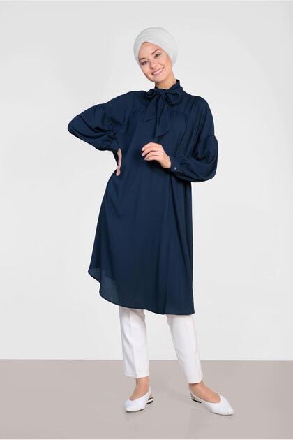 Lace-Up Collar Balloon Sleeve Tunic 4111