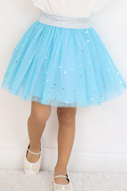 Girl's Tutu Skirt with Silver Star & Moon Pattern, Age 5-10, Blue