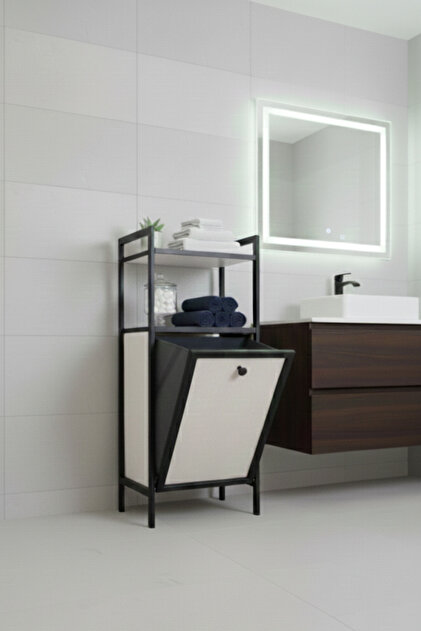 Metal Ahşap Banyo Düzenleyici Çamaşır Sepeti - Kirli Sepeti Ahşap Banyo Dolabı - 2 Katlı Banyo Rafı