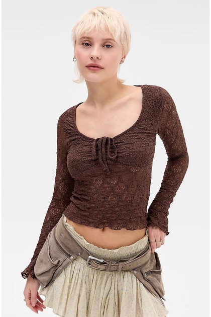 Brown Color Breast Part Lined Transparent Lace Blouse