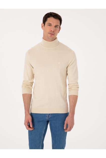 Beige Slim Fit Cotton Blend Turtleneck Basic Knitwear Sweater 50318678-Vr011