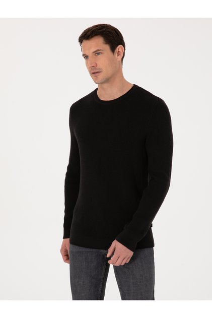 Black Slim Fit Cotton Blend Crew Neck Knitwear Sweater 50318983-Vr046