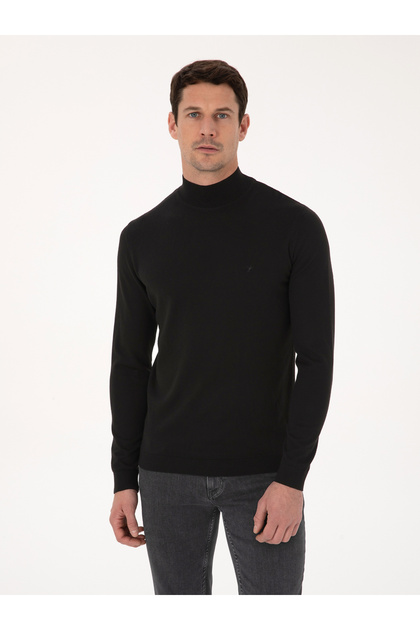 Siyah Slim Fit Pamuk Karışımlı Yarım Balıkçı Yaka Basic Triko Kazak 50318619-VR046