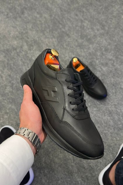 Black Leather Men's Sports Shoes-Sneakers