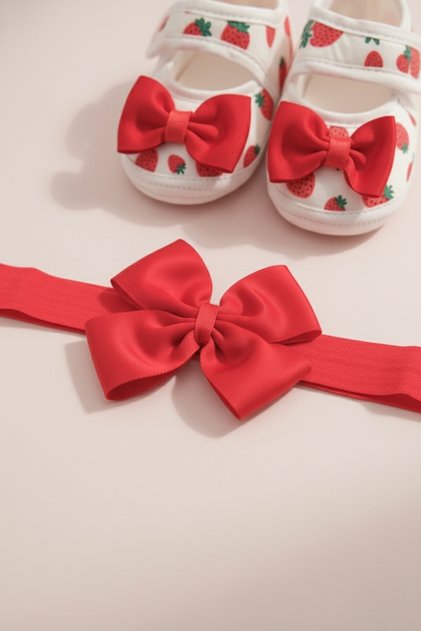 0-3 Months Newborn Strawberry Patterned Red Baby Bandana Booties Set