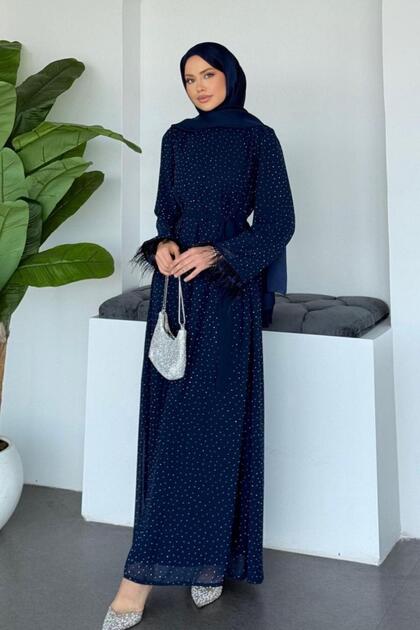 Nefes Stone Detailed Evening Dress Navy Blue
