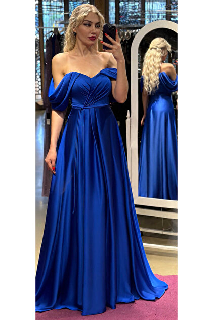 Abiyeniall Saks Satin Long Evening Dress with Flared Skirt 7350- Trendyol Abiyeniall Saks Satin Long Evening Dress with Flared Skirt 7350- Trendyol