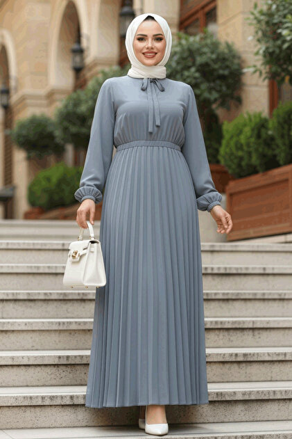 Neva Style Gray Hijab Dress with Tie Collar 50351GR- Trendyol Neva Style Gray Hijab Dress with Tie Collar 50351GR- Trendyol