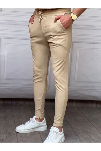 Men's Cream Jogger Pants with Zipper Detail