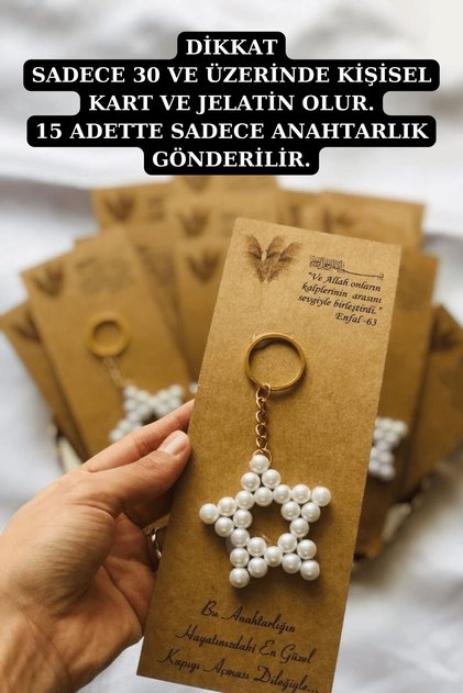 15 Adet Kraft Uzun Kağıtlı İnci Yıldız Anahtarlık - Kişiye Özel Hediye - İstediğiniz Yazı yazılır