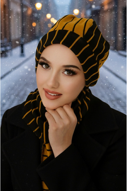 Mustard Black Striped Hijab Beanie